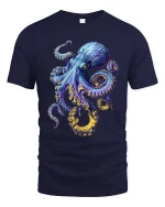 Vibrant Octopus Ocean Creature Artistic Graphic T Shirt - navy t-shirt on white background