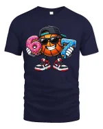 Funny Basketball Donut Lover Street Style Graphic Tshirt - navy t-shirt on white background