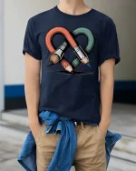 Creative Infinity Art Tools Brush Pencil Design Tshirt - model wearing navy tee with hands in pockets