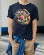 Colorful Art Supplies Bag Creative Artist Tools Graphic Tshirt - model wearing navy tee with hands in pockets