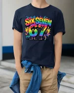 Six Seven 67 Rainbow Cartoon Number Fun Graphic Tshirt - model wearing navy tee with hands in pockets