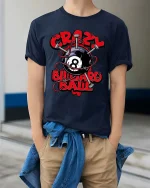 Crazy Billiard Ball Skull Style Funny Pool Graphic Tshirt - model wearing navy tee with hands in pockets