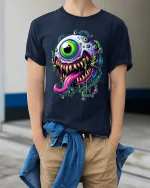 Psychedelic One Eye Monster Drip Neon Horror Graphic Tshirt - model wearing navy tee with hands in pockets