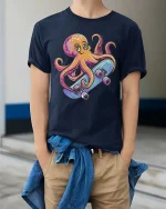 Cool Skateboarding Octopus Cartoon Fun Ocean Style Tshirt - model wearing navy tee with hands in pockets