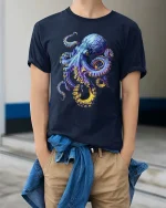 Vibrant Octopus Ocean Creature Artistic Graphic T Shirt - model wearing navy tee with hands in pockets