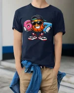 Funny Basketball Donut Lover Street Style Graphic Tshirt - model wearing navy tee with hands in pockets