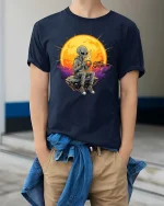 Cosmic Caffeine Alien Coffee Space Vibes Graphic Tshirt - model wearing navy tee with hands in pockets