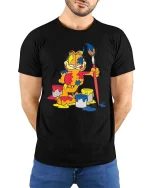 Lazy Artist Cat Paint Chaos Funny Graphic Tshirt Cool Style - model wearing black tee with hands behind back