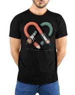 Creative Infinity Art Tools Brush Pencil Design Tshirt - model wearing black tee with hands behind back