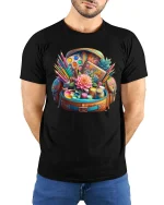 Colorful Art Supplies Bag Creative Artist Tools Graphic Tshirt - model wearing black tee with hands behind back