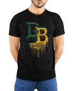 Green Gold Drip Letters Football Fan Style Graphic Tshirt - model wearing black tee with hands behind back