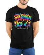 Six Seven 67 Rainbow Cartoon Number Fun Graphic Tshirt - model wearing black tee with hands behind back