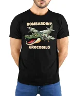 Bombardino Crocodilo Funny Plane Crocodile Graphic Tshirt - model wearing black tee with hands behind back