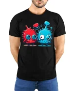 Cute Alien Duo Cartoon Funny Colorful Characters Graphic Tshirt - model wearing black tee with hands behind back