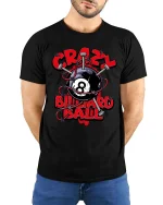 Crazy Billiard Ball Skull Style Funny Pool Graphic Tshirt - model wearing black tee with hands behind back