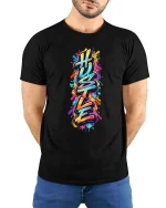 Hustle Graffiti Style Color Splash Urban Street Art Tshirt - model wearing black tee with hands behind back