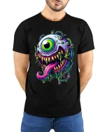 Psychedelic One Eye Monster Drip Neon Horror Graphic Tshirt - model wearing black tee with hands behind back