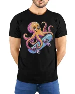 Cool Skateboarding Octopus Cartoon Fun Ocean Style Tshirt - model wearing black tee with hands behind back