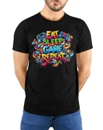 Eat Sleep Game Repeat Colorful Gamer Street Style Tshirt - model wearing black tee with hands behind back