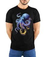Vibrant Octopus Ocean Creature Artistic Graphic T Shirt - model wearing black tee with hands behind back