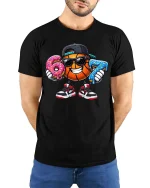 Funny Basketball Donut Lover Street Style Graphic Tshirt - model wearing black tee with hands behind back