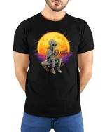 Cosmic Caffeine Alien Coffee Space Vibes Graphic Tshirt - model wearing black tee with hands behind back