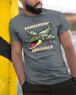 Bombardino Crocodilo Funny Plane Crocodile Graphic Tshirt - model wearing grey tee, leaning on column