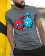 Cute Alien Duo Cartoon Funny Colorful Characters Graphic Tshirt - model wearing grey tee, leaning on column