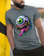 Psychedelic One Eye Monster Drip Neon Horror Graphic Tshirt - model wearing grey tee, leaning on column