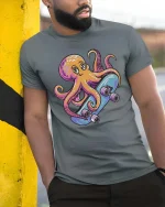 Cool Skateboarding Octopus Cartoon Fun Ocean Style Tshirt - model wearing grey tee, leaning on column