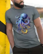 Vibrant Octopus Ocean Creature Artistic Graphic T Shirt - model wearing grey tee, leaning on column