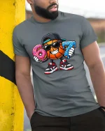 Funny Basketball Donut Lover Street Style Graphic Tshirt - model wearing grey tee, leaning on column