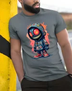 Urban Skull Hoodie Street Art Cartoon Style Graphic Tshirt - model wearing grey tee, leaning on column