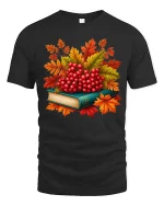Autumn Berries Book Stack Graphic T-Shirt Cozy Fall Tee - black t-shirt on white background