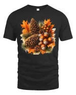 Autumn Pinecone Acorn Leaves Graphic T-Shirt Fall Nature Tee - black t-shirt on white background