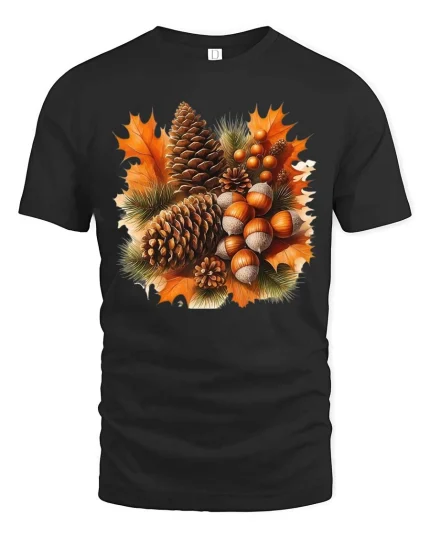 Autumn Pinecone Acorn Leaves Graphic T-Shirt Fall Nature Tee - black t-shirt on white background