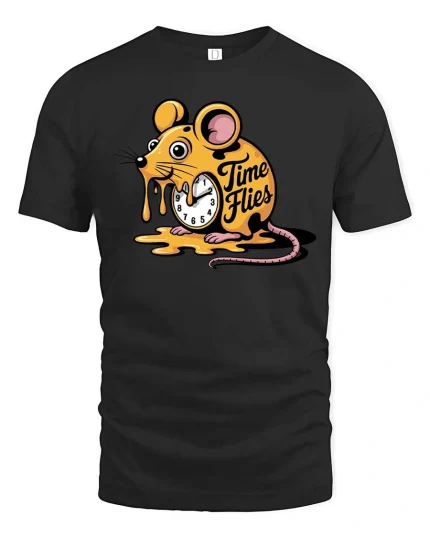 Melting Time Flies Mouse Graphic Funny Cartoon T-Shirt - black t-shirt on white background