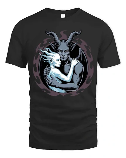 Dark Demon Embrace Gothic Fantasy Graphic T-Shirt Art - black t-shirt on white background