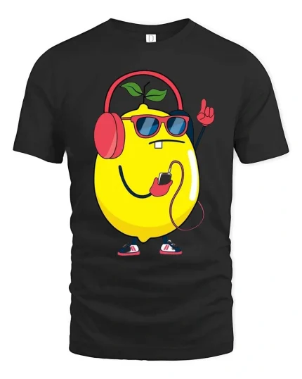 Cool Lemon Music Vibes Graphic T-Shirt Funny Fruit Tee - black t-shirt on white background