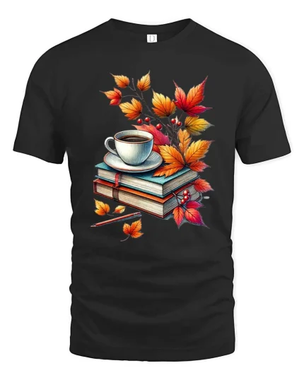 Cozy Autumn Books Coffee Graphic T-Shirt Fall Reading Tee - black t-shirt on white background