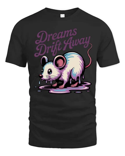Dreams Drift Away Mouse Graphic T-Shirt Cute Surreal Tee - black t-shirt on white background