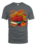 Autumn Berries Book Stack Graphic T-Shirt Cozy Fall Tee - gray t-shirt on white background