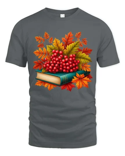 Autumn Berries Book Stack Graphic T-Shirt Cozy Fall Tee - gray t-shirt on white background