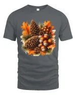 Autumn Pinecone Acorn Leaves Graphic T-Shirt Fall Nature Tee - gray t-shirt on white background