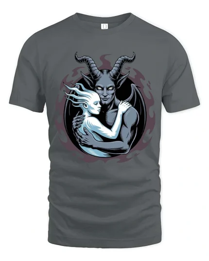 Dark Demon Embrace Gothic Fantasy Graphic T-Shirt Art - gray t-shirt on white background
