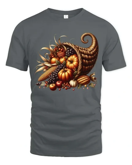 Autumn Harvest Cornucopia Graphic T-Shirt Fall Season Tee - gray t-shirt on white background