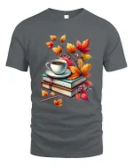 Cozy Autumn Books Coffee Graphic T-Shirt Fall Reading Tee - gray t-shirt on white background