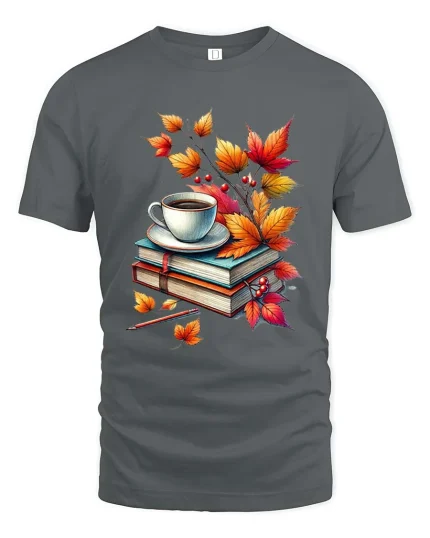 Cozy Autumn Books Coffee Graphic T-Shirt Fall Reading Tee - gray t-shirt on white background