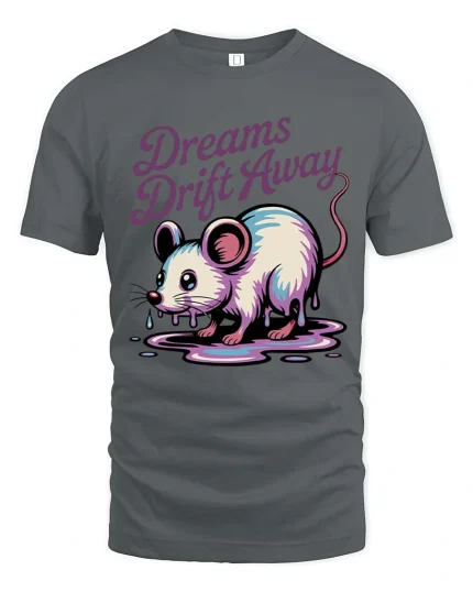 Dreams Drift Away Mouse Graphic T-Shirt Cute Surreal Tee - gray t-shirt on white background