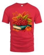 Autumn Berries Book Stack Graphic T-Shirt Cozy Fall Tee - red t-shirt on white background